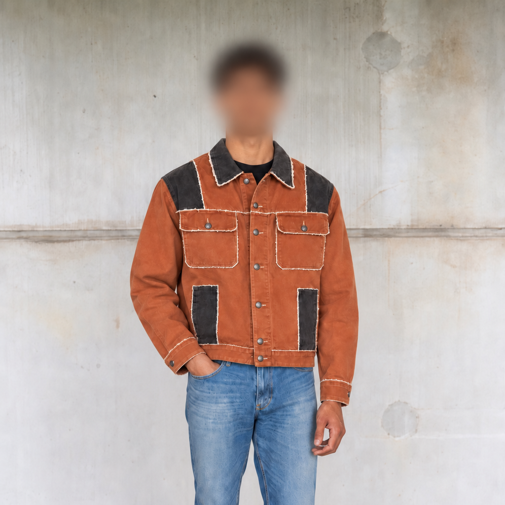 A person wearing a rust-orange denim jacket with black contrast panels and light piping, paired with blue jeans and black shoes, standing against a concrete wall.