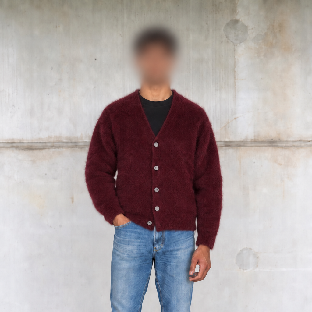 A person standing against a textured concrete wall wearing a fuzzy burgundy cardigan over a black shirt, blue jeans, and black shoes.