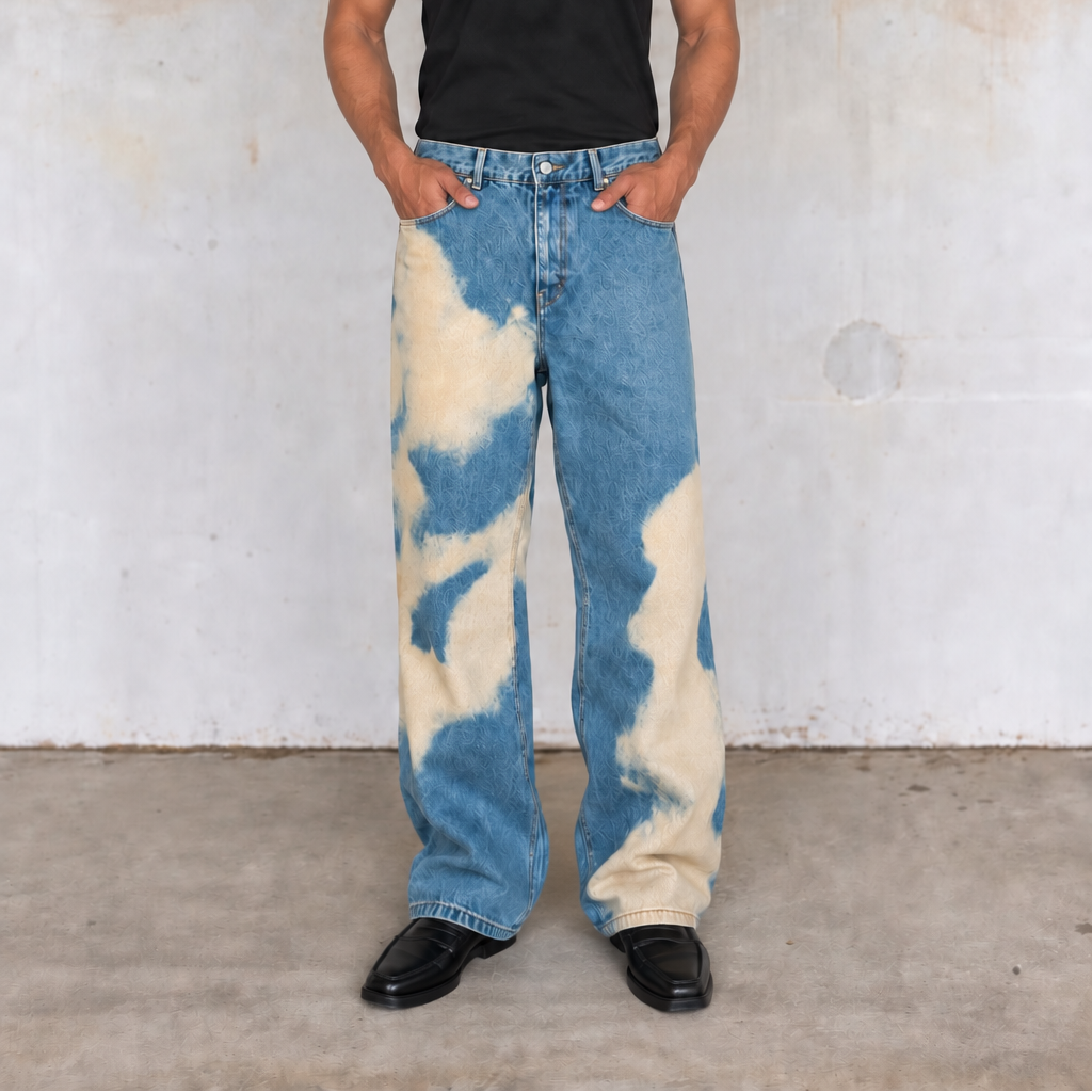 A person standing against a textured concrete wall wearing a black short-sleeve t-shirt, wide-leg blue jeans with a cream tie-dye or bleach-splatter pattern, and black shoes.