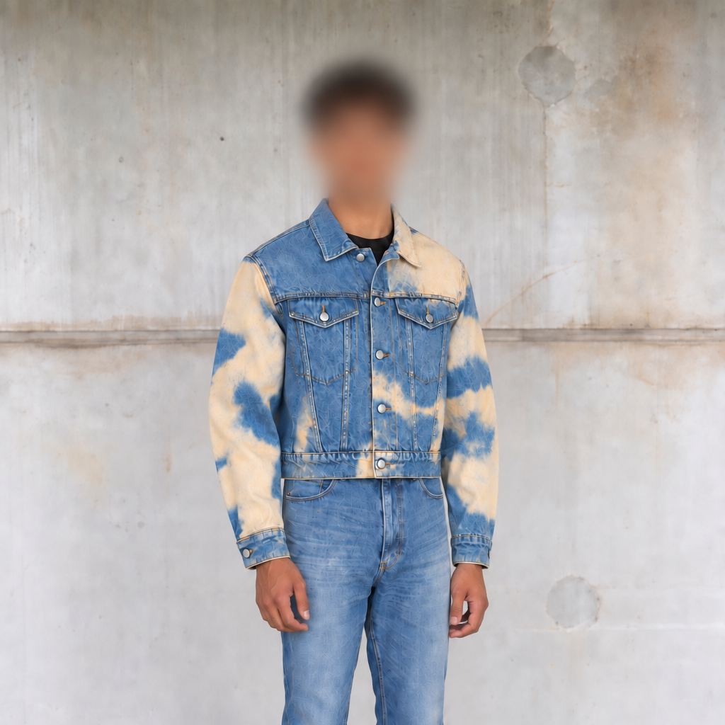 A person stands against a textured concrete wall wearing a cropped denim jacket with a blue body and cream tie-dye sleeves, paired with light blue jeans and black shoes.