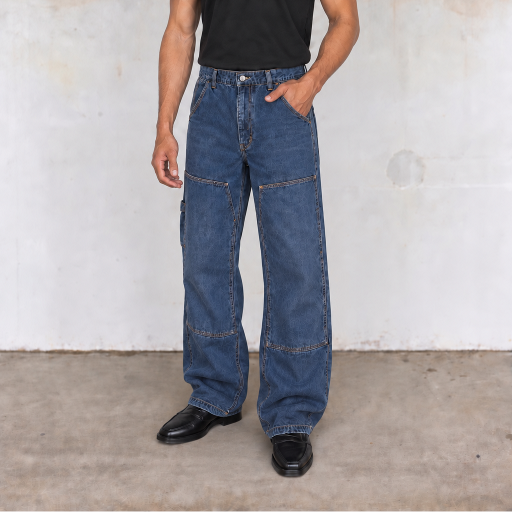 A person wearing a black short-sleeve t-shirt, blue wide-leg cargo-style jeans, and black shoes, standing against a textured concrete wall.