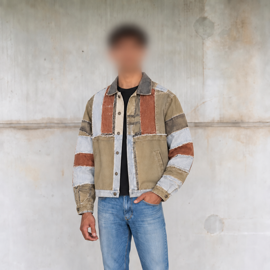 A person stands against a textured concrete wall wearing a patchwork-style denim jacket with beige, brown, and off-white panels, blue jeans, a black shirt, and black shoes.