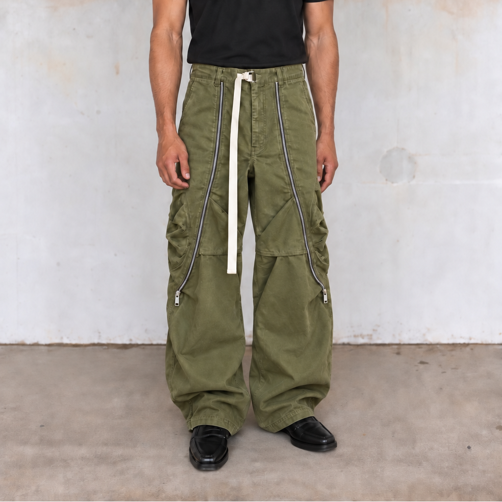 A model stands against a textured concrete wall wearing baggy olive green cargo pants with white drawstrings and zippers, a black t-shirt, and black shoes.